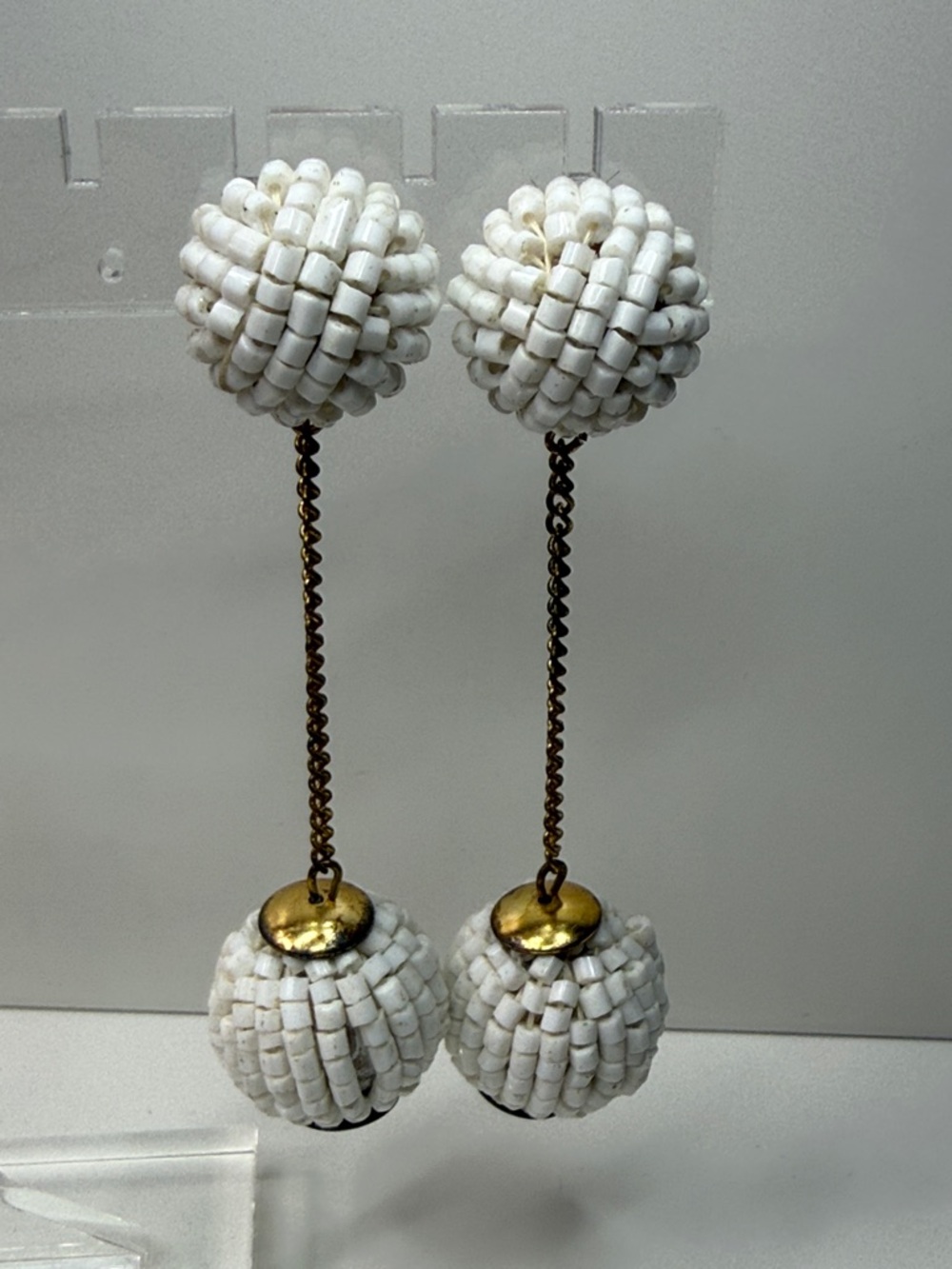 Vintage MCM clip White Beaded Double Drop dangle seed bead Earrings 3 inches